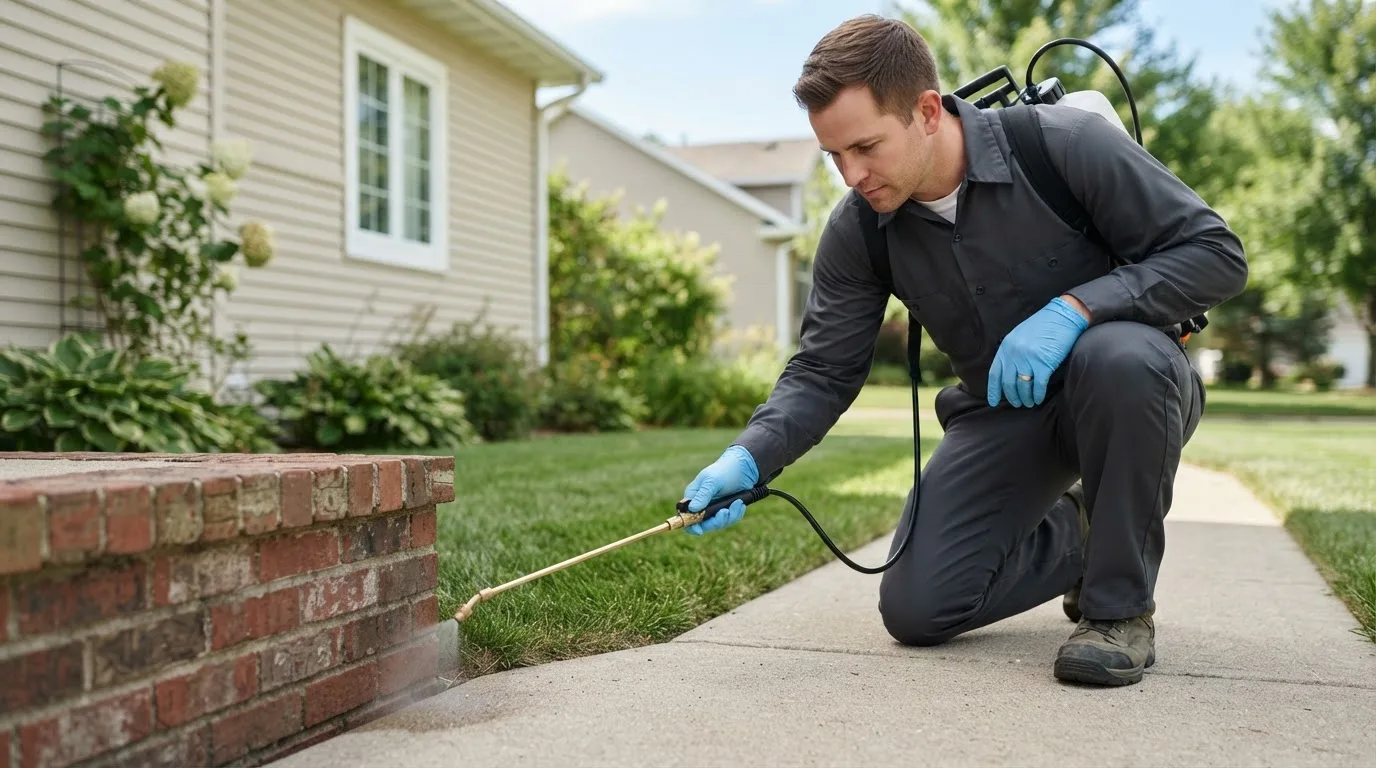 Pest control technician treating a home near Fredericksburg, TX
